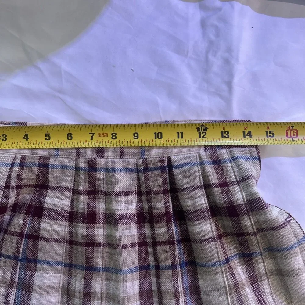 Vtg Wool Blend Pleated Midi Cream Plaid Skirt Union Made 11/12 Academia